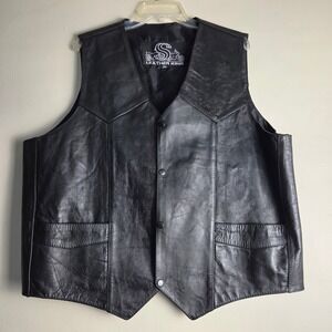 Leather King Mens Black Leather Biker Vest Snap Front Size 52 Western Yoke